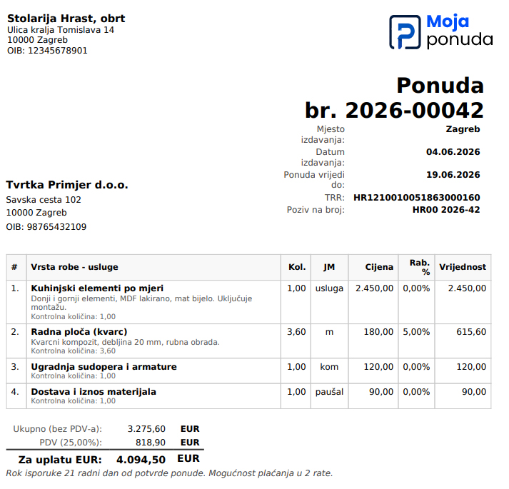 Primjer ponude izrađene u Moja Ponuda